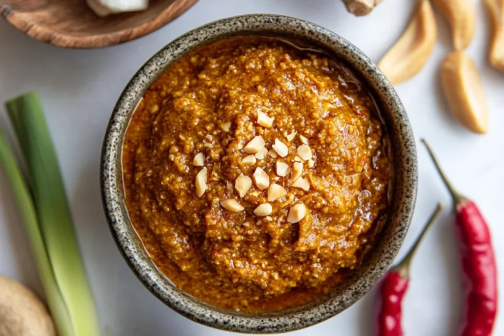 A rustic bowl filled with thick, reddish-brown curry paste, garnished with chopped peanuts. Surrounding the bowl are fresh ingredients including red chili peppers, lemongrass, tamarind pods, ginger, and garlic, suggesting a rich, aromatic, and spicy flavor profile.