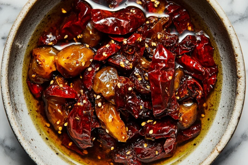 A bowl filled with softened dried red chilies soaking in warm water, showing their wrinkled texture starting to smooth out as they rehydrate, preparing them for use in a chili paste or oil recipe.
