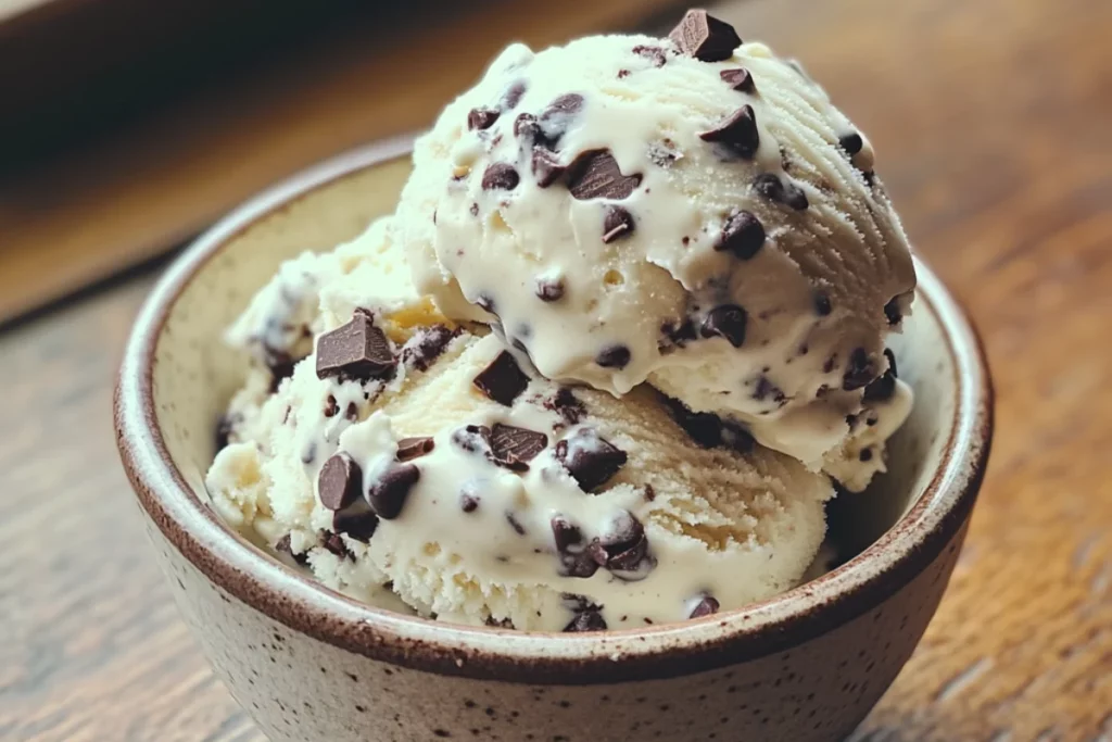 Close-up of creamy cottage cheese ice cream scoops in a ceramic bowl, mixed with chocolate chips and chunks, served on a rustic wooden surface.