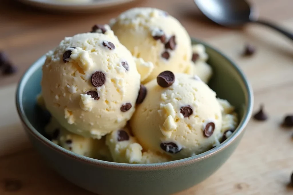 Scoops of creamy cottage cheese ice cream in a green bowl, topped with scattered chocolate chips, set on a wooden surface with a spoon in the background.