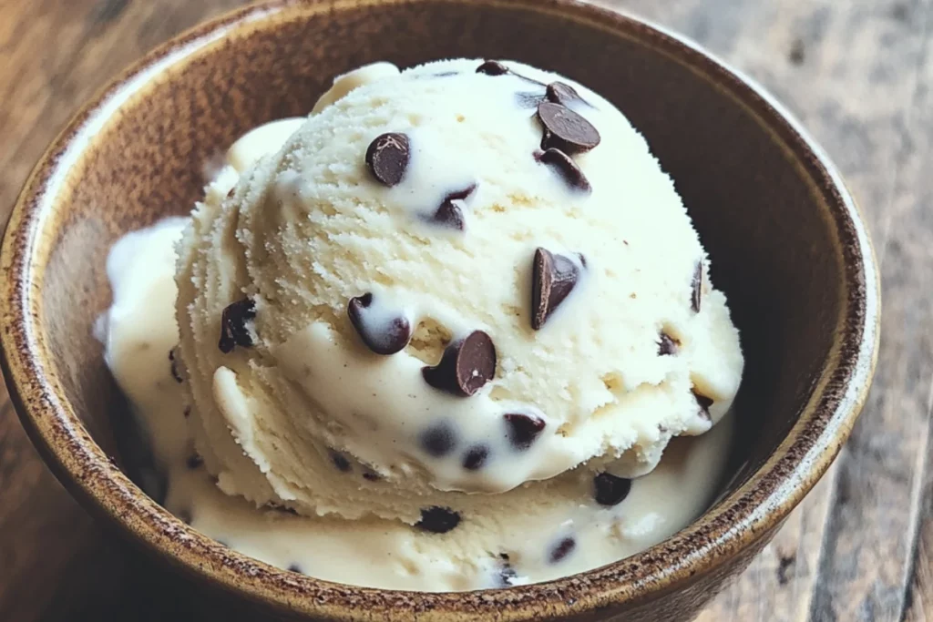 Close-up of creamy cottage cheese ice cream scoops in a ceramic bowl, mixed with chocolate chips and chunks, served on a rustic wooden surface
