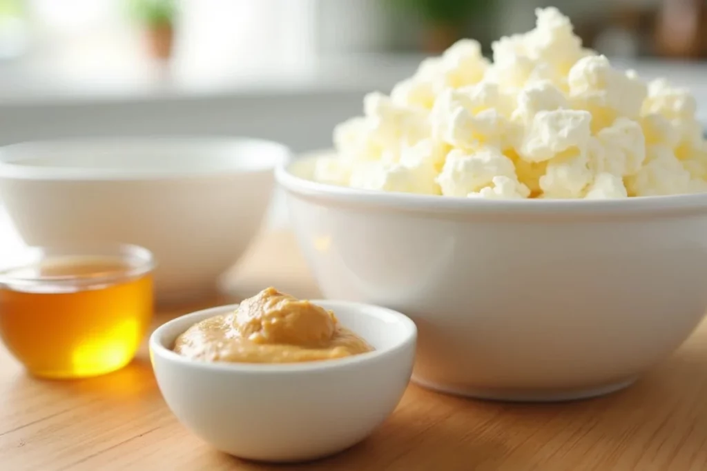 Three key ingredients for cottage cheese ice cream: a large white bowl filled with creamy cottage cheese, a small bowl of golden honey, and another small bowl of smooth peanut butter, all arranged neatly on a wooden surface.