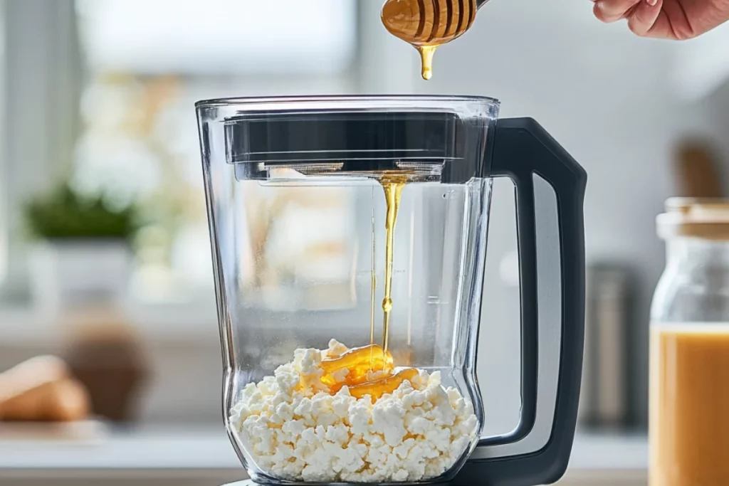 A hand drizzling golden honey from a spoon into a blender filled with creamy cottage cheese and peanut butter, set on a kitchen counter with natural lighting.