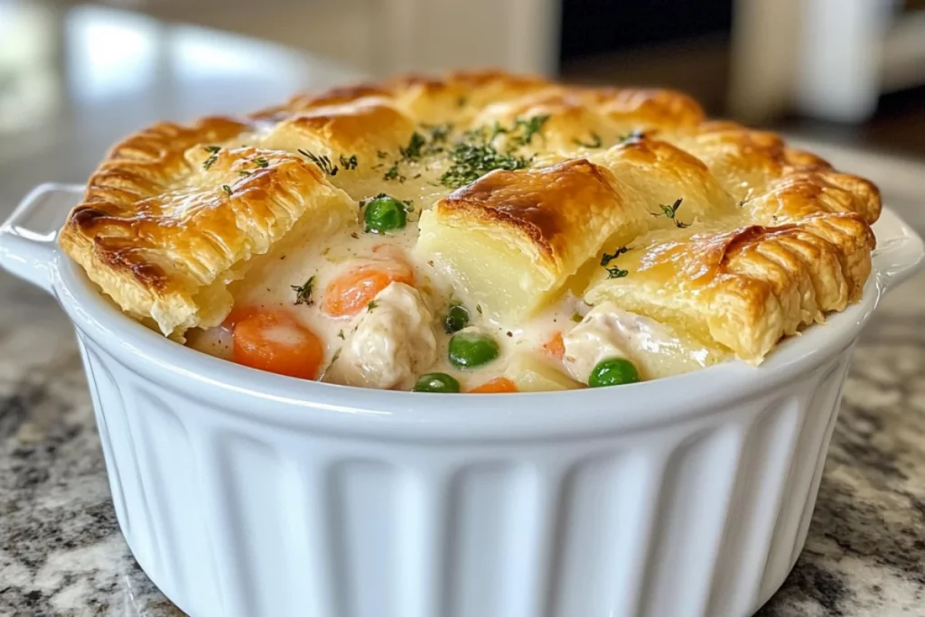 Bowl of Instant Pot chicken pot pie with golden puff pastry topping, creamy filling of chicken, peas, carrots, and potatoes, served on a clean kitchen counter with soft indoor lighting.