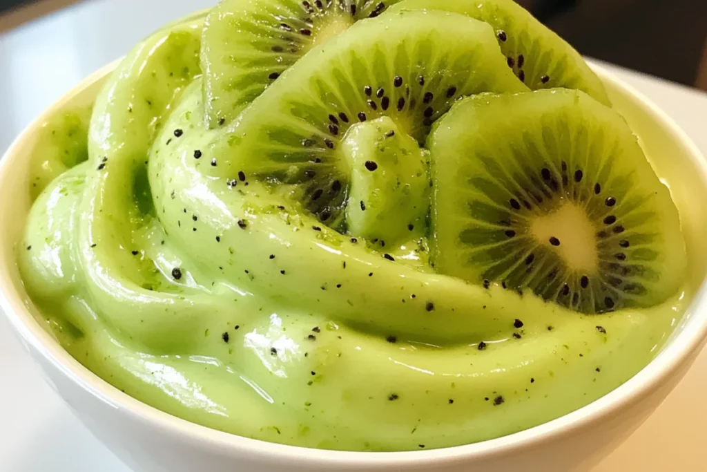 Close-up of Pistachio Luxe Cream topped with fresh kiwi slices in a white bowl