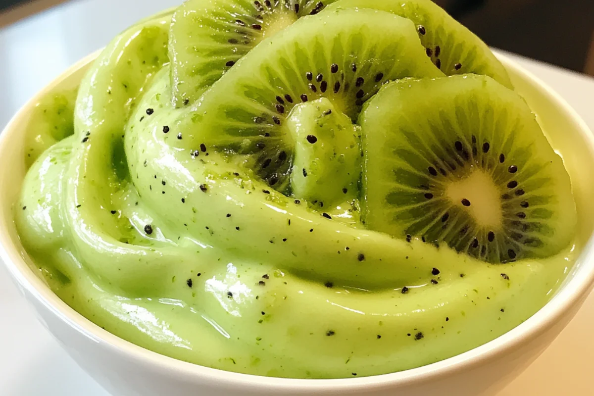 Close-up of Pistachio Luxe Cream topped with fresh kiwi slices in a white bowl