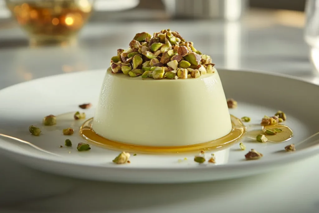 Front view of a silky pistachio cream dessert topped with chopped roasted pistachios and drizzled with golden syrup, elegantly plated on a white dish with scattered pistachio pieces, set against a soft-focus modern background.