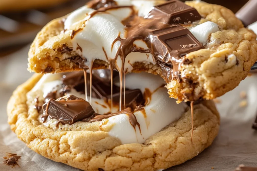 Close-up of a golden brown s’mores cookie being pulled apart, showing gooey melted marshmallow stretching between the halves, with chunks of chocolate and Hershey’s bar pieces visible.