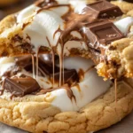 Close-up of a golden brown s’mores cookie being pulled apart, showing gooey melted marshmallow stretching between the halves, with chunks of chocolate and Hershey’s bar pieces visible.