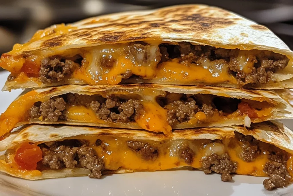 Burger Quesadillas:Amateur-style photo of freshly grilled burger quesadillas on a kitchen counter, showing melted cheese and seasoned beef between golden-brown tortillas, taken with an iPhone 11 in warm natural lighting.