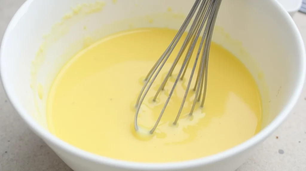 A bowl filled with whisked eggs, milk, sugar, vanilla, cinnamon, and salt, creating a smooth custard mixture for cinnamon sugar French toast muffins, placed on a kitchen counter.