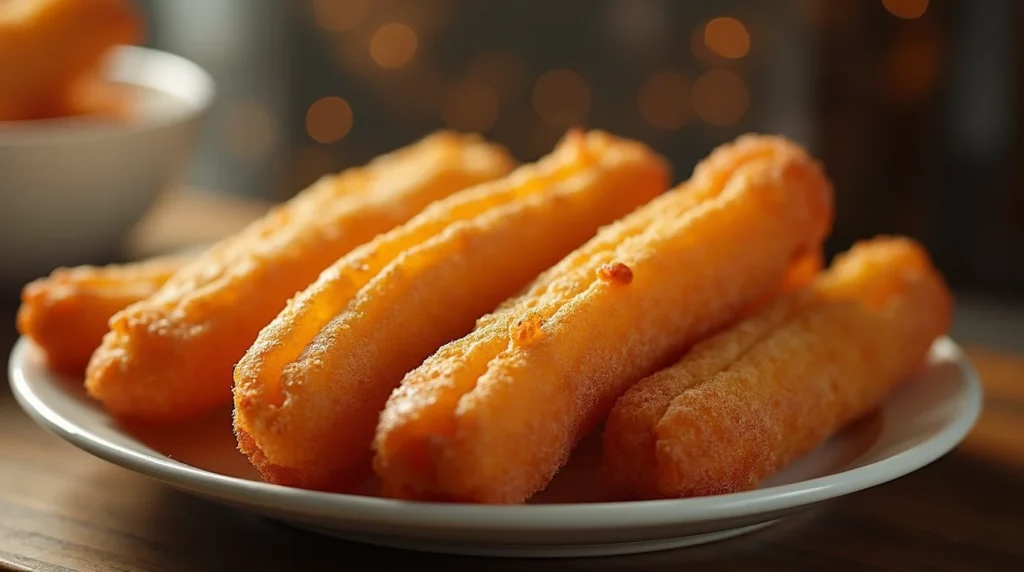 Easy Air Fryer Light Churros :A close-up of golden, crispy homemade churros freshly made in an air fryer, arranged on a white plate with a soft background glow and warm lighting.