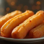 Easy Air Fryer Light Churros :A close-up of golden, crispy homemade churros freshly made in an air fryer, arranged on a white plate with a soft background glow and warm lighting.
