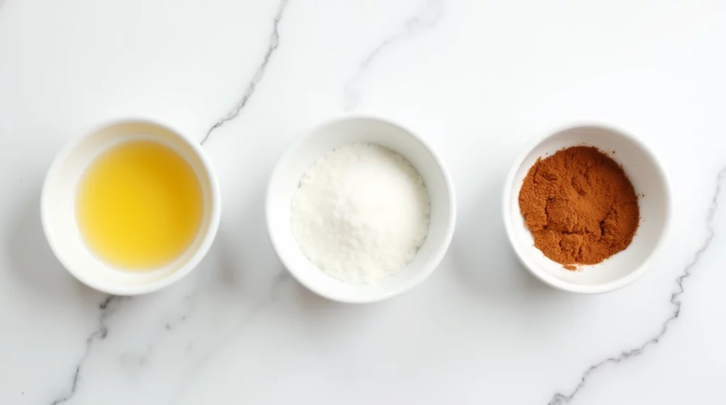 Three white bowls on a marble surface, each containing a separate ingredient: melted butter, granulated sugar, and ground cinnamon, arranged side by side for a recipe.