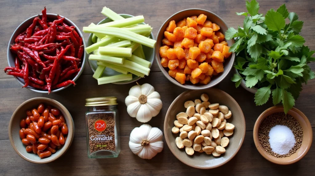 A top-down view of fresh and vibrant ingredients laid out on a wooden surface for making Panang curry paste. Includes bowls of dried red chilies, chopped celery, diced galangal or frozen ginger, fresh cilantro, roasted peanuts, garlic bulbs, shallots, lemongrass stalks, salt with coriander seeds, a jar of shrimp paste, and small red chilies — all neatly arranged and ready for blending into a flavorful Thai curry paste.