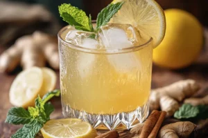 Natural Mounjaro Drink: Refreshing Natural Mounjaro Drink in a crystal glass, garnished with fresh mint leaves and a lemon slice. Surrounded by fresh ginger roots, lemon slices, and cinnamon sticks on a rustic surface.