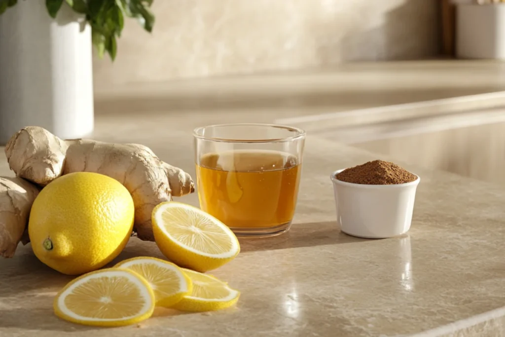 Natural Mounjaro Drink:Close-up view of fresh ginger root, a whole lemon, sliced lemon rounds, a glass of golden honey, and a small white bowl filled with ground cinnamon, all arranged on a clean, light beige marble countertop with warm natural lighting.