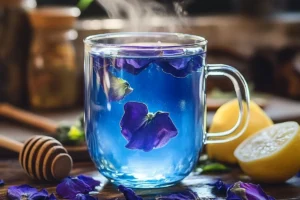 Butterfly Pea Flower Tea:Close-up view of a transparent glass mug filled with vibrant blue Butterfly Pea Flower Tea, with whole purple butterfly pea flowers floating on the surface. The mug is set on a rustic wooden surface, surrounded by scattered dried butterfly pea flowers, a wooden honey dipper, and fresh yellow lemon halves. Soft, warm natural light highlights the vivid blue color of the tea and the delicate texture of the flowers.