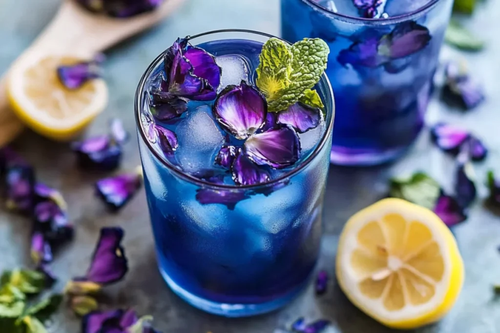 Butterfly Pea Flower Tea: Close-up view of a refreshing iced Butterfly Pea Flower Tea served in a clear glass, filled with vibrant blue liquid, clear ice cubes, and floating purple butterfly pea flower petals. A fresh mint leaf adds a touch of green, enhancing the visual appeal. Surrounding the glass are scattered butterfly pea petals and a halved fresh lemon, creating a colorful and refreshing presentation. The background is softly blurred, highlighting the vivid colors and fresh ingredients.