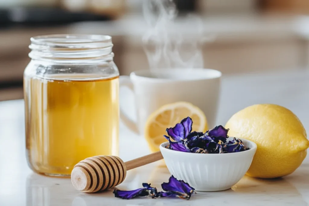Butterfly Pea Flower Tea:Close-up view of a clean, modern kitchen workspace featuring ingredients for Butterfly Pea Flower Tea. A small glass jar filled with golden honey, a small white ceramic bowl containing dried butterfly pea flowers, a large clear glass cup filled with steaming hot water, and a fresh lemon with a few neatly sliced lemon rounds beside it. The setup is clean, well-organized, and brightly lit, highlighting the freshness and vibrant colors of each ingredient.