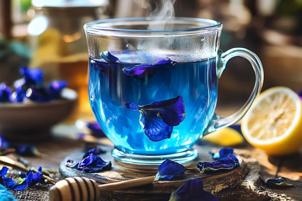 Butterfly Pea Flower Tea:Close-up view of a transparent glass mug filled with vibrant blue Butterfly Pea Flower Tea, with whole purple butterfly pea flowers floating on the surface. The mug is set on a rustic wooden surface, surrounded by scattered dried butterfly pea flowers, a wooden honey dipper, and fresh yellow lemon halves. Soft, warm natural light highlights the vivid blue color of the tea and the delicate texture of the flowers.