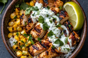 Mexican Street Corn Chicken Rice bowl: Grilled chicken rice bowl topped with charred corn, creamy lime sauce, and fresh cilantro, served in a rustic bowl with a slice of lemon on the side.