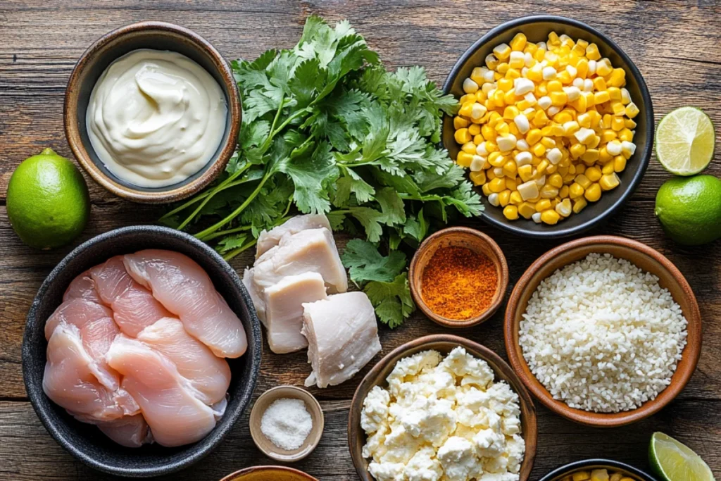 Mexican street corn chicken rice bowl:Top-down view of ingredients for Mexican street corn chicken rice bowl, including raw chicken, tofu, corn, cotija cheese, rice, limes, chili powder, and cilantro.