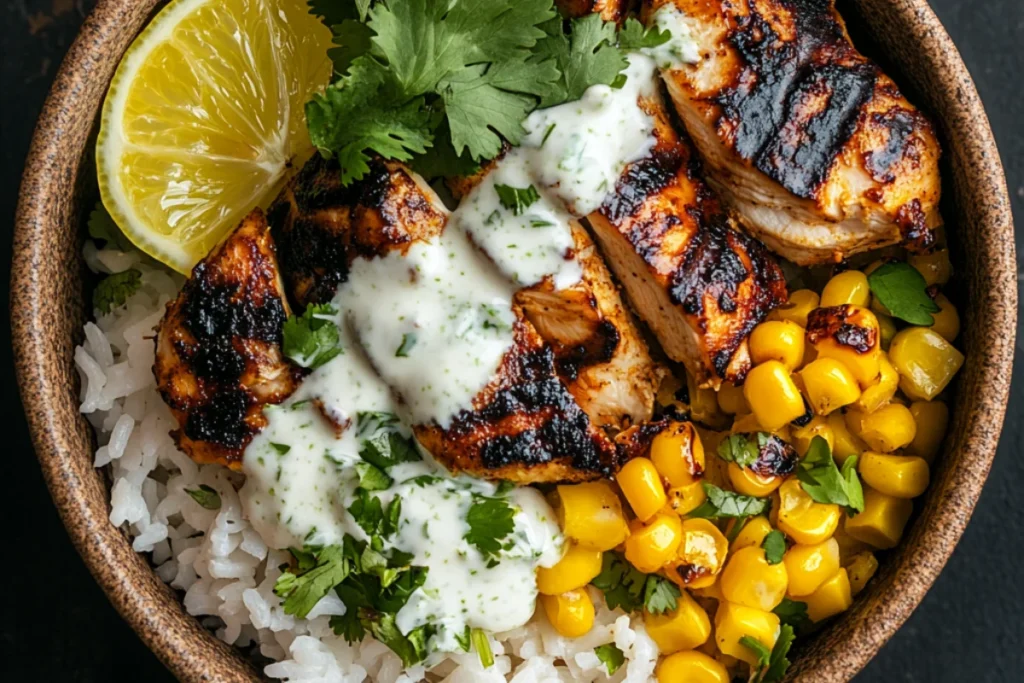 Mexican Street Corn Chicken Rice:Grilled chicken rice bowl with charred corn, fresh cilantro, creamy lime sauce, and white rice, garnished with a lemon wedge in a rustic brown bowl.
