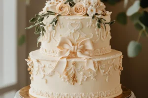 birthday cake: Elegant two-tier vintage-inspired birthday cake with ivory buttercream, intricate floral piping, gold leaf accents, and a large fondant bow, displayed on a white cake stand with soft natural lighting.