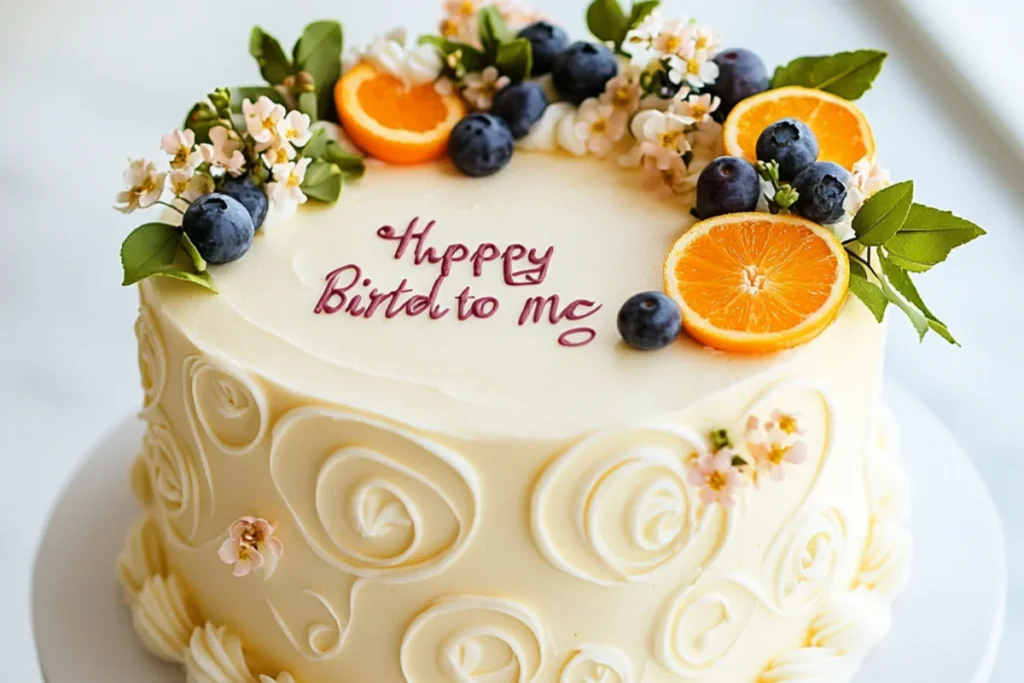 birthday cake: Homemade birthday cake with vanilla buttercream, swirled piped design on sides, topped with blueberries, orange slices, small white flowers, and hand-piped message that reads ‘Happy Birthd to me’ in pink icing.