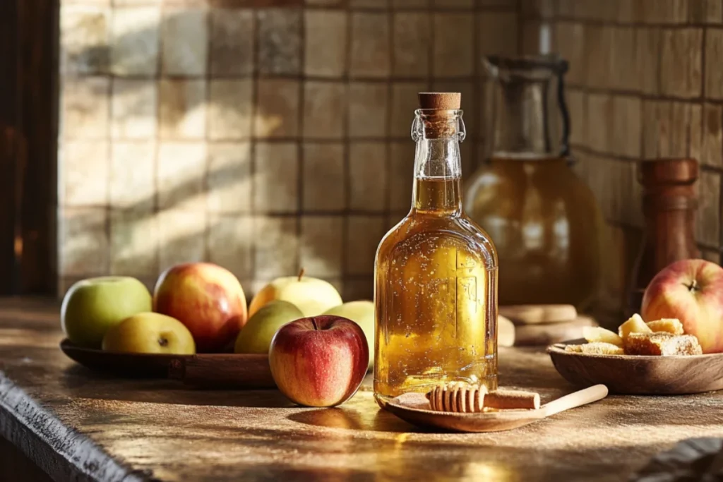 Glass bottle of apple cider vinegar on a wooden counter, surrounded by fresh apples, cinnamon sticks, and a small dish of honey in warm natural light.