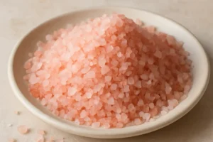 The pink salt weight loss recipe:A mound of pink Himalayan salt on a round ceramic plate, showcasing varying shades of pink crystals, with soft, diffused lighting highlighting the delicate textures. The plate is set against a beige background, creating a calm and balanced composition.