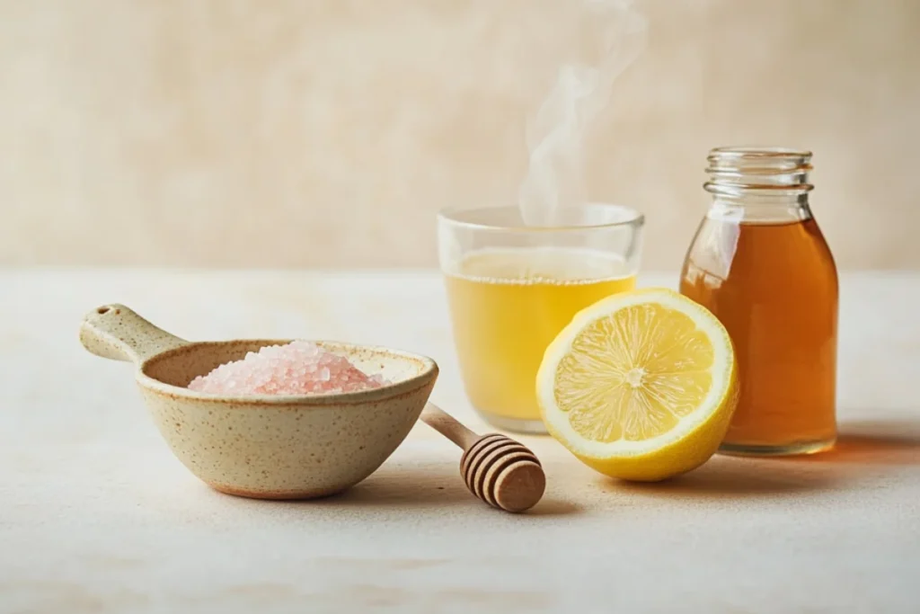 A wellness drink setup featuring finely ground pink Himalayan salt in a small bowl, a steaming cup of warm filtered water, a lemon half with fresh juice, a bottle of raw apple cider vinegar, and a jar of raw honey. The natural ingredients are arranged on a neutral background, with soft lighting highlighting their textures and freshness.