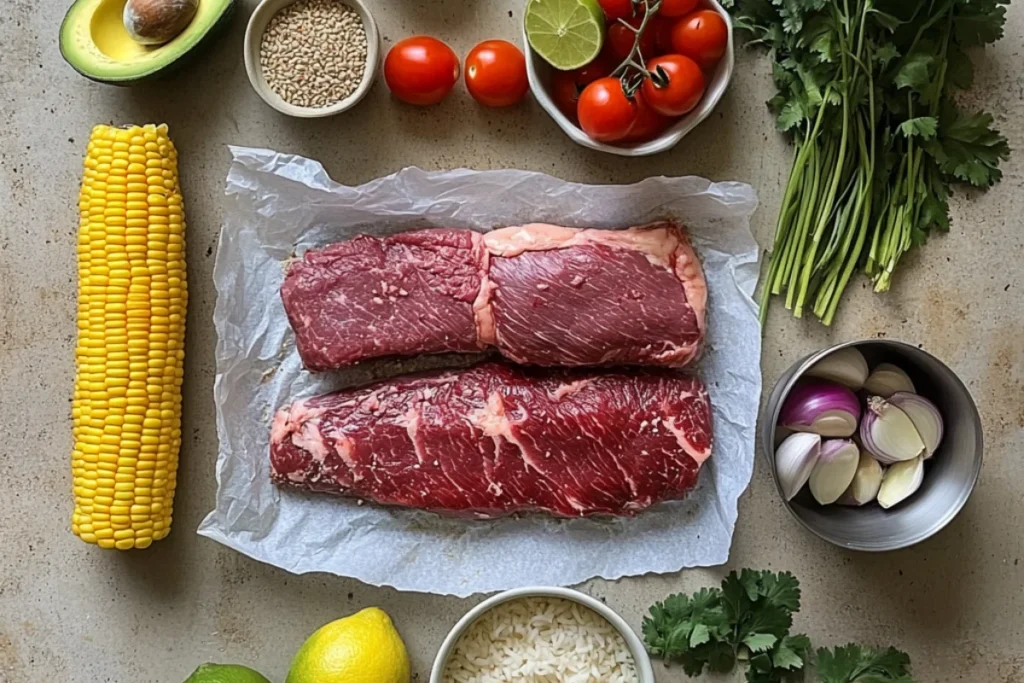 Fresh ingredients for a steak bowl including raw strip steaks, corn on the cob, avocado, cherry tomatoes, cilantro, garlic, red onion, lime, lemon, uncooked rice, and seasonings arranged on a countertop.