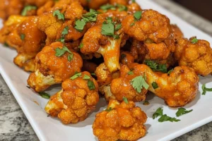 air fryer buffalo cauliflower:Close-up of crispy air fryer buffalo cauliflower bites coated in bright orange sauce and garnished with chopped parsley, served on a white rectangular plate on a granite countertop